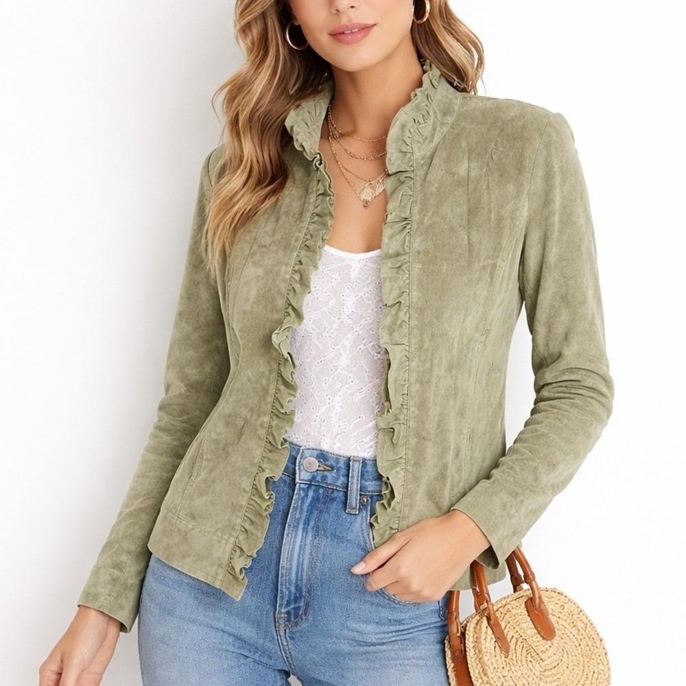 Harold's Green Suede Leather Ruffled Zip Up Jacket Womens Size Large Sage Olive